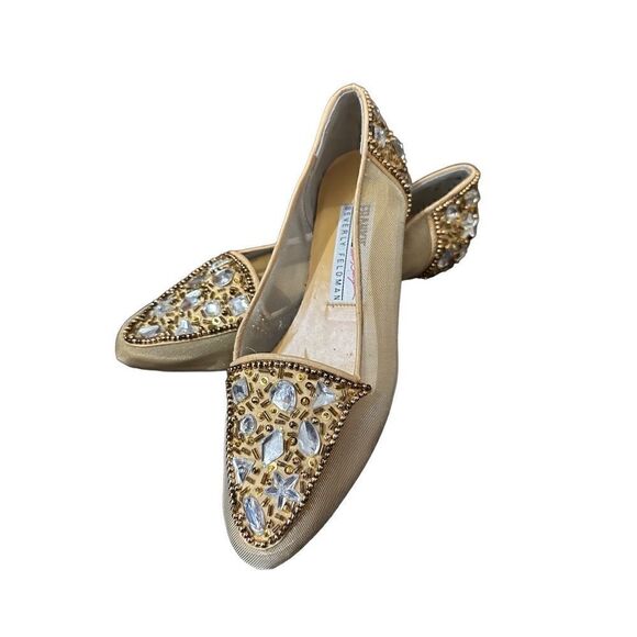 Vintage Frankie and Baby Beverly Feldman Gold Mesh Rhinestone Beaded Flats Sz 6 - Picture 1 of 8